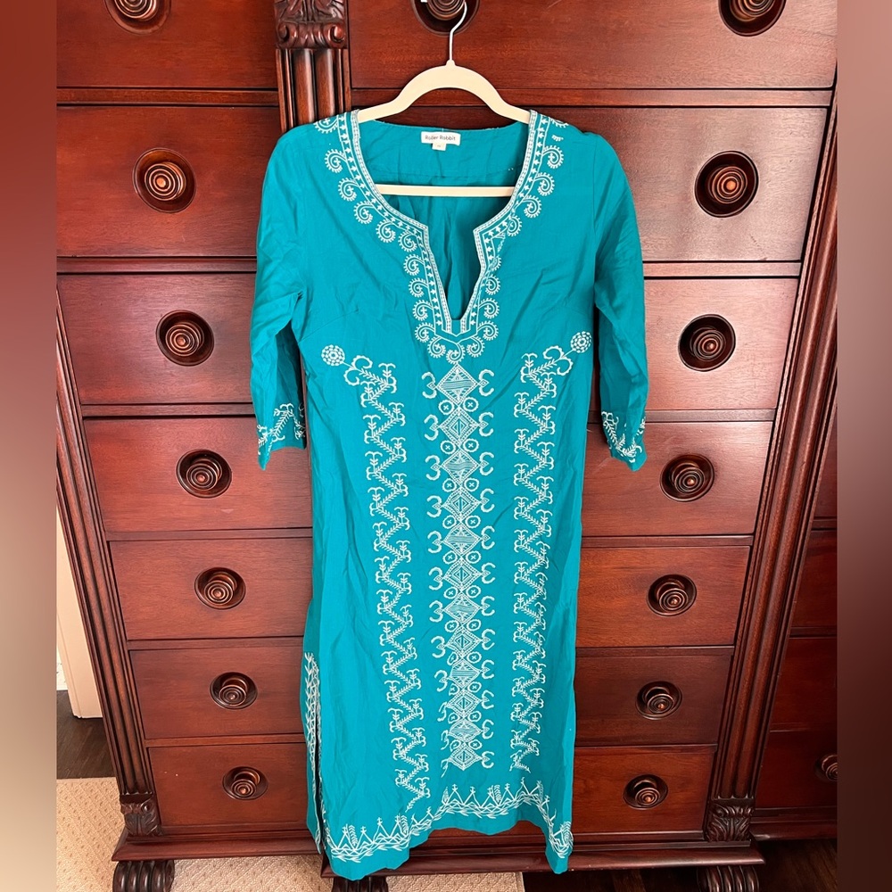 Roller Rabbit Teal Embroidered Midi Dress